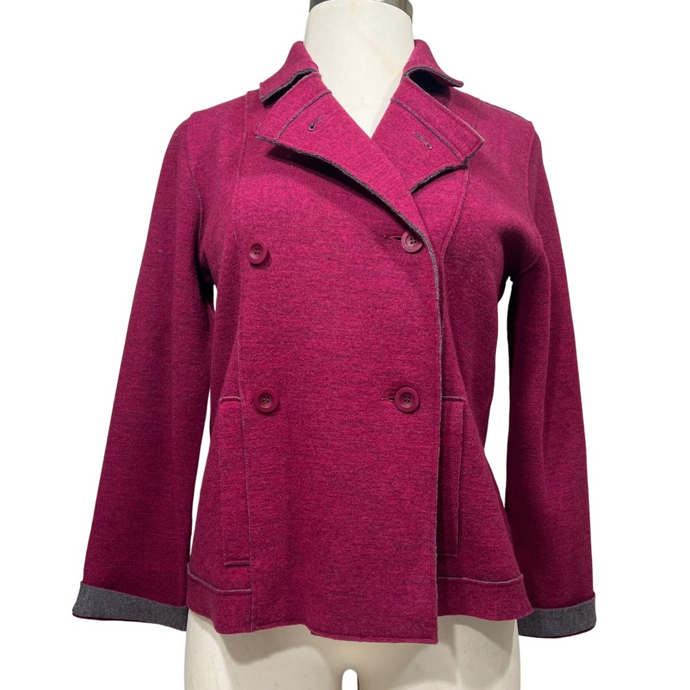 Eileen Fisher‎ Merino Wool Blend Double Breasted Knit Jacket Plum L